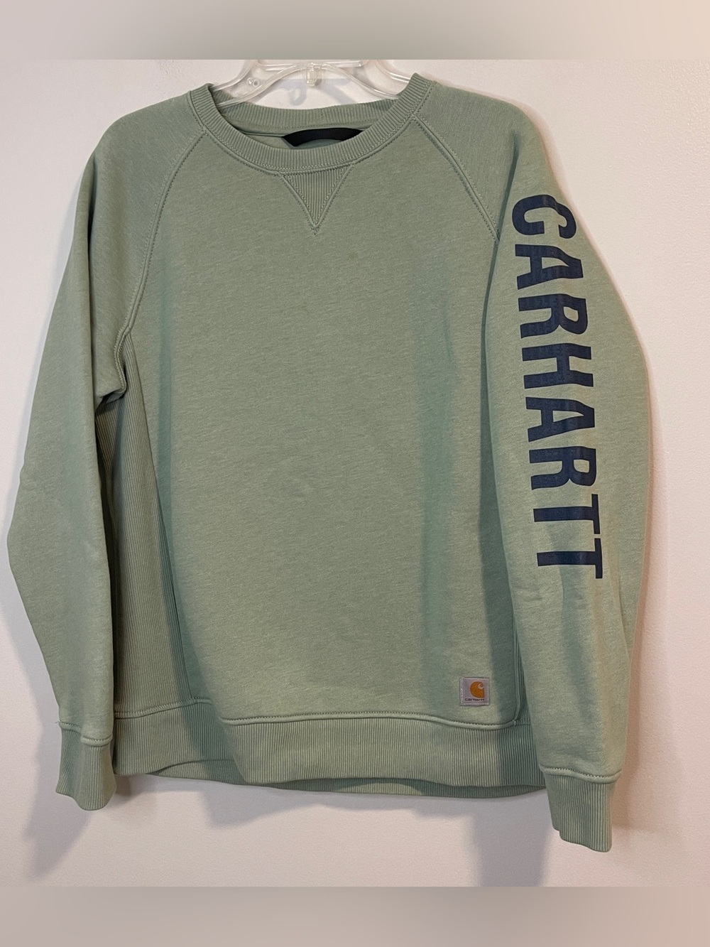 Carhartt Men's Crewneck Sweatshirt in Sage Green with Navy Sleeve Logo